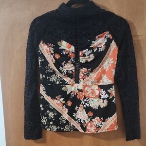 VENUS Black and Orange Floral Lace Blouse